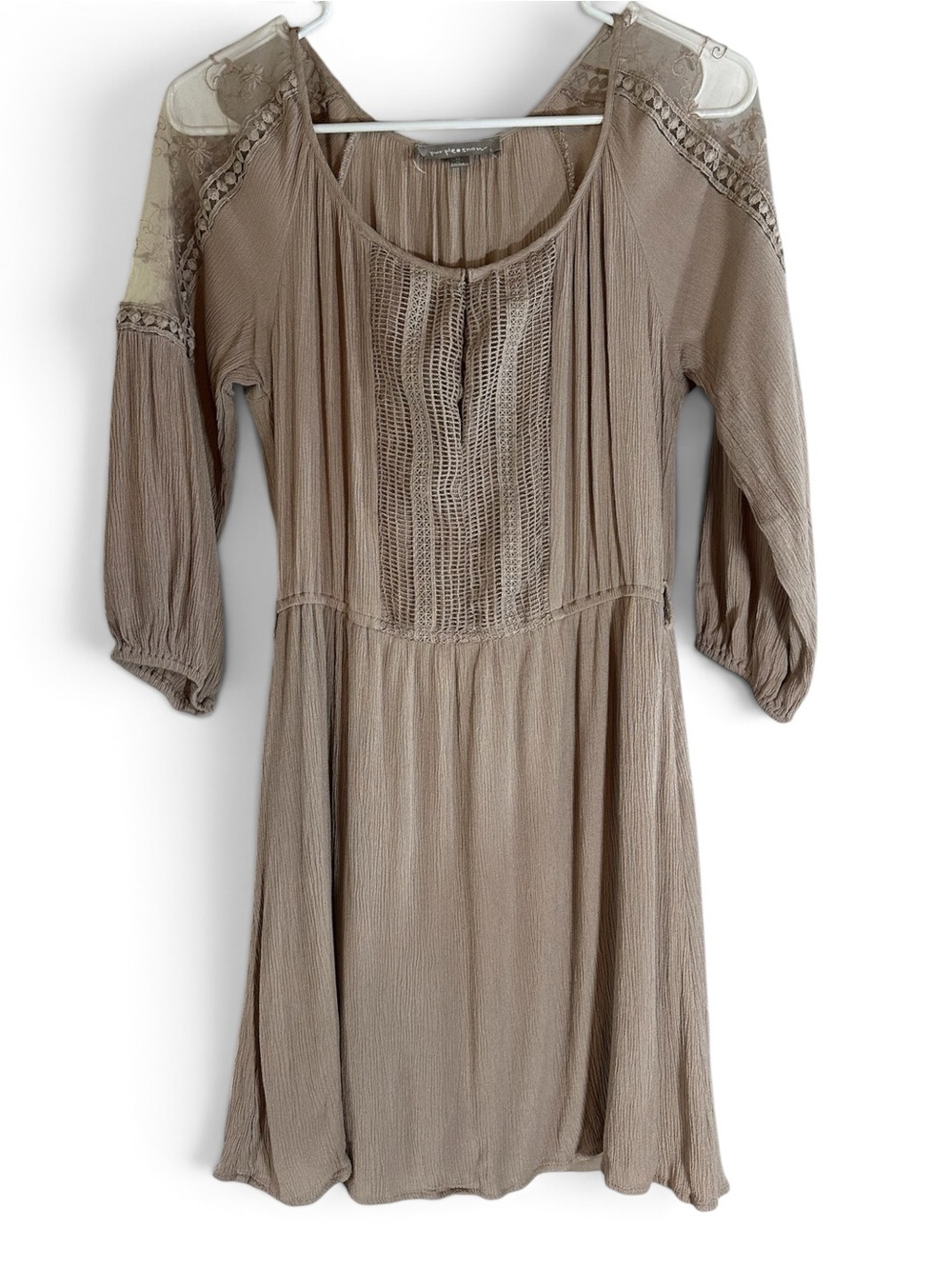 Purple Snow Taupe Crochet-Front Mini Dress